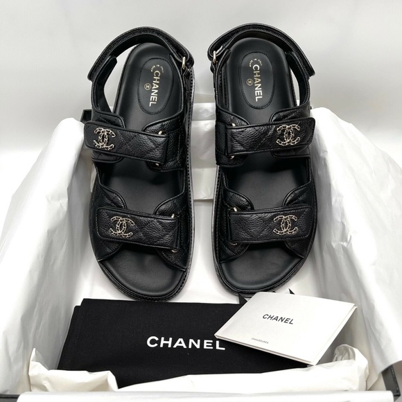 ❌❌ Chanel New 2022 Caviar Leather Quilted Chain CC Logo Slides Mules Dad Sandals - Picture 5 of 13